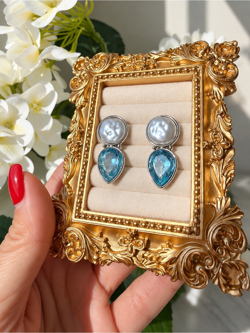 Pearl and Blue Teardrop Dangle Earrings